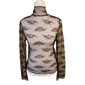 The Limited High Neck Long Sleeve Lace Layering Top Brown Women's Size S